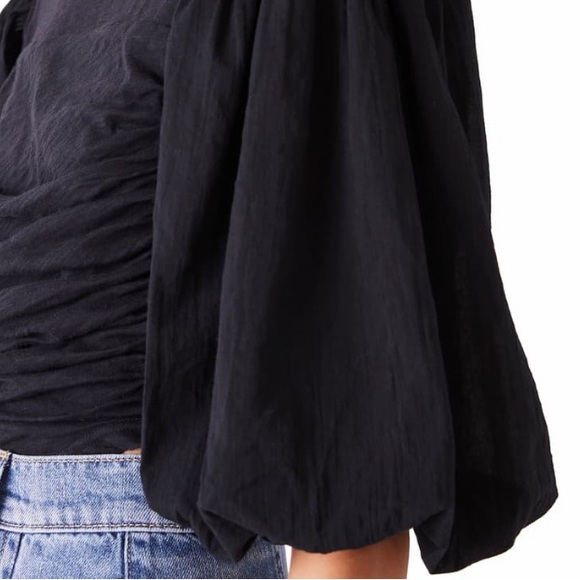 FREE PEOPLE COTTON SWEET SPOT TOP IN BLACK CROPPED FIT PUFF SLEEVE RUNCHING SZ S - Picture 7 of 8